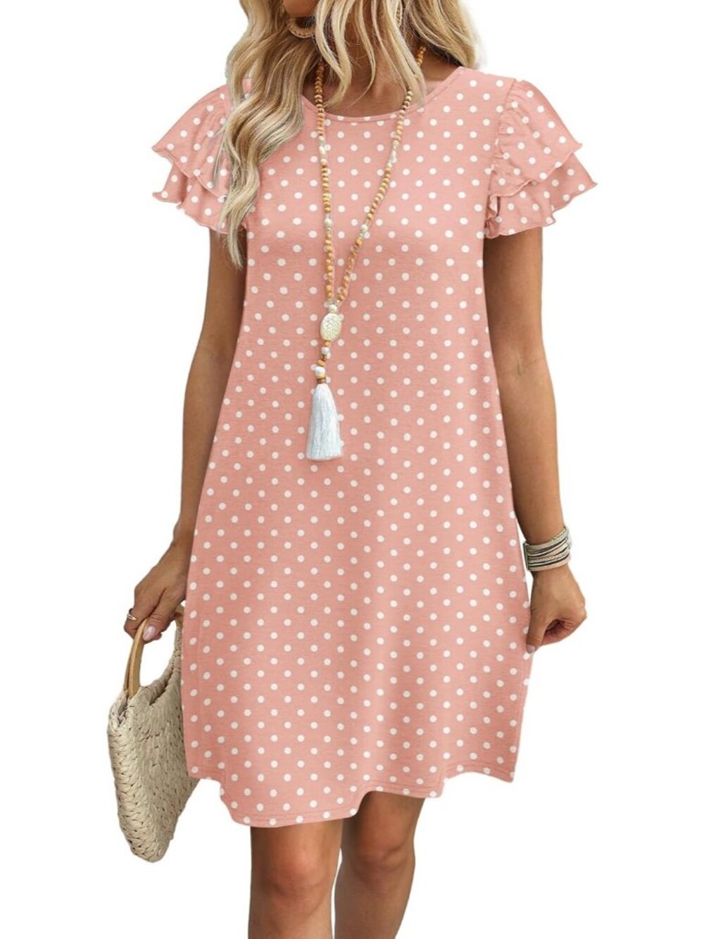 Women's Pink White Dot Polyester Blend Cap Sleeve Crew Neck Pull On Mini Dress
